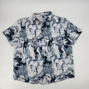 Marfinity Button Up Shirt Mens 2XL Blue White Abstract Short Sleeve Casual